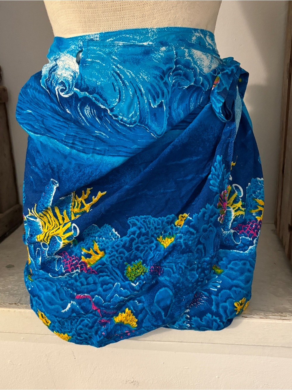 Vibrant Ocean Blue Sarong Pareo Short Wrap Skirt with Coral Reef Print One Size
